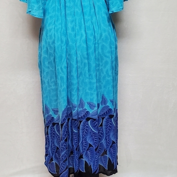VINTAGE Aqua Blue Tropical Palm Leaf Flutter Sleeve Belted Pocket Dress Mumu - Picture 14 of 15